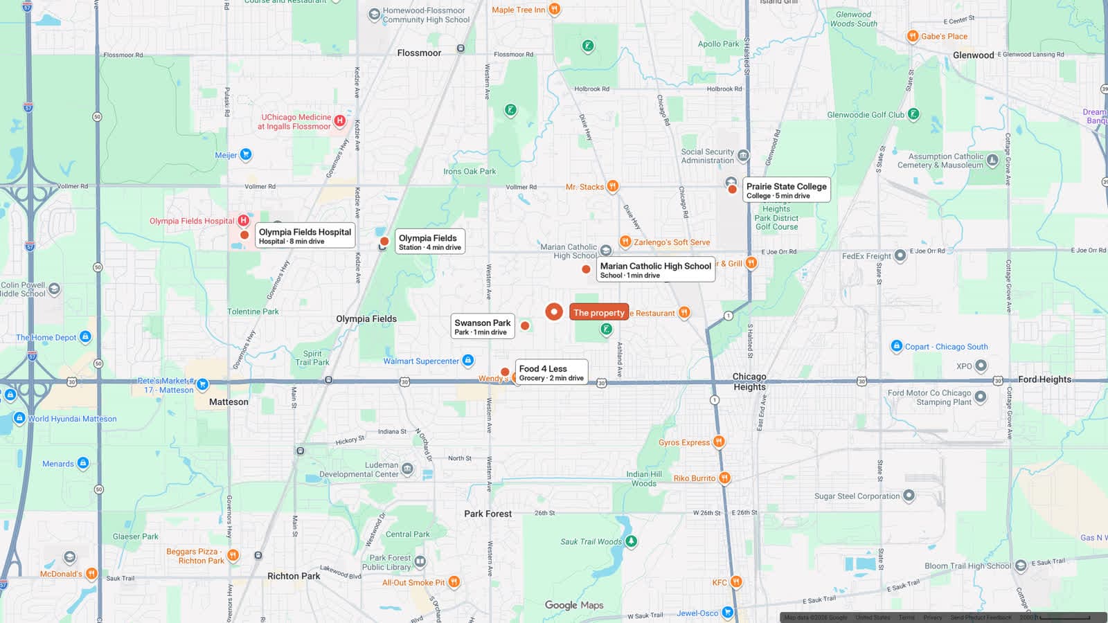 Map of the area around 920 Macarthur Dr with nearby schools, parks, groceries and the Metra station marked